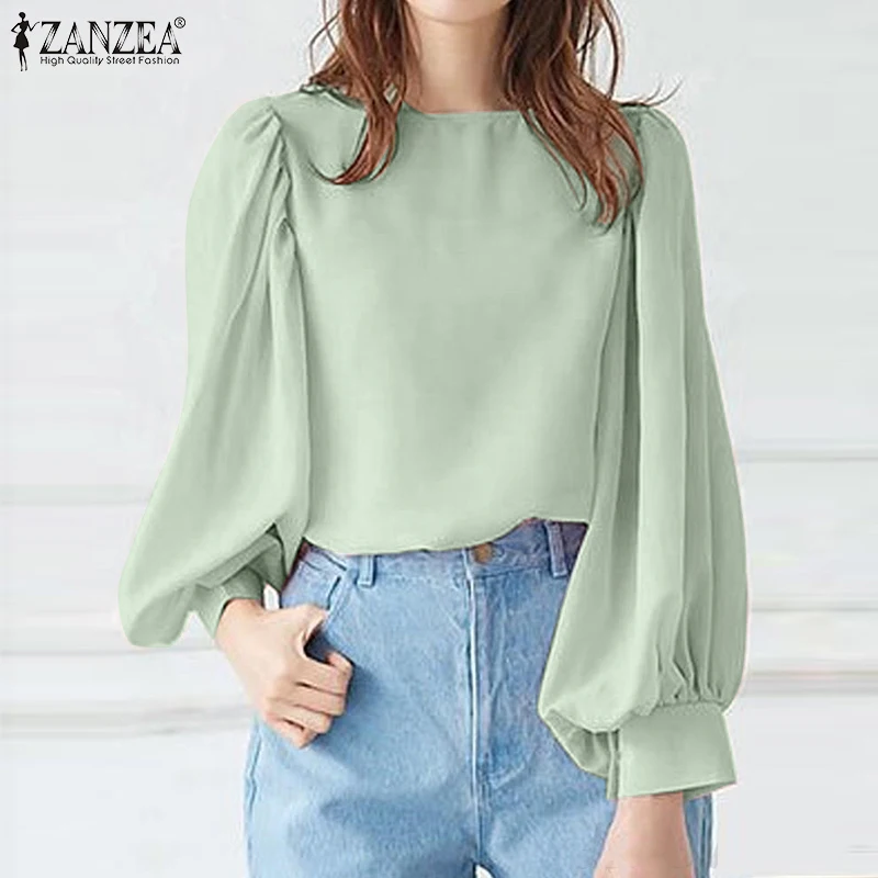 

Women Casual Loose Long Lantern Sleeve Blouse ZANZEA Elegant Solid O Neck Shirt Korean Style Retro Chemise Femme Work Tunic Top