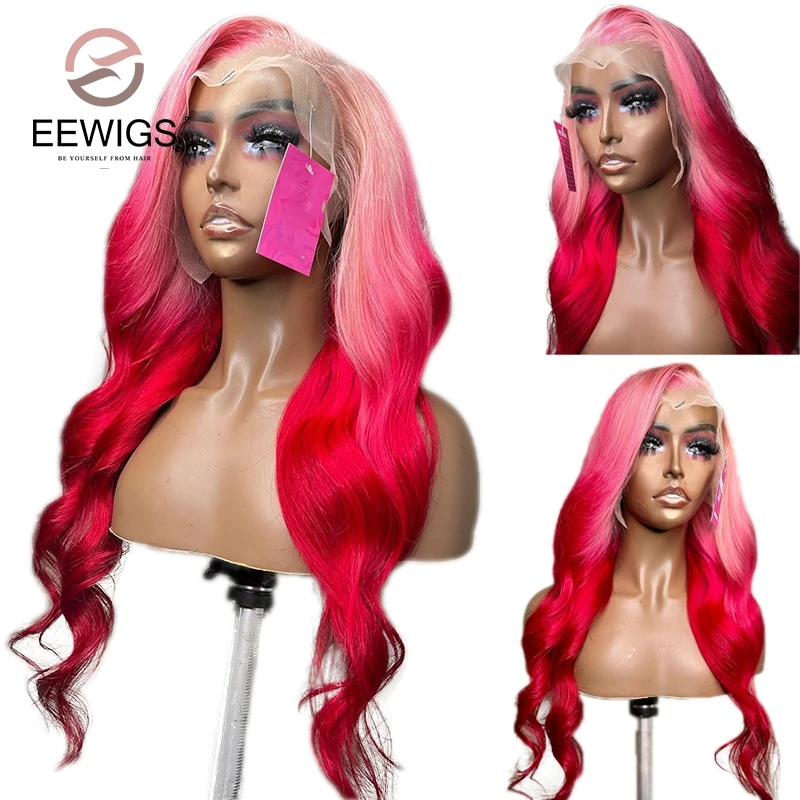 Ombre Red Color 30 Inch Body Wave 13x4 Synthetic Invisible Lace Front Pink Drag Queen Glueless Cosplay Wigs With Baby Hair