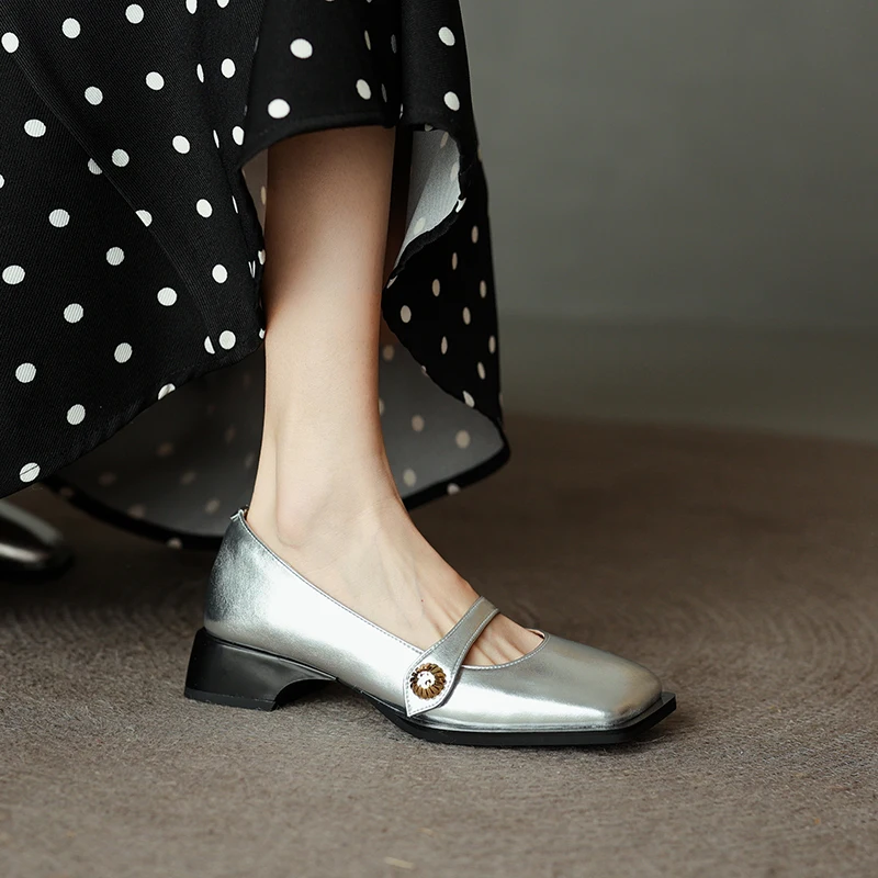 34-40 large size silver women's shoes cow leather middle heel thick heel square head sheepskin insole buckle lace women's shoes