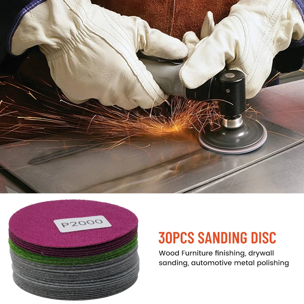 

30pcs 3inch 75mm Sanding Discs Hook Loop Wet/Dry Sandpaper 800/1000/1200/1500/2000/3000 Grit Round Sander Disc Burnishing