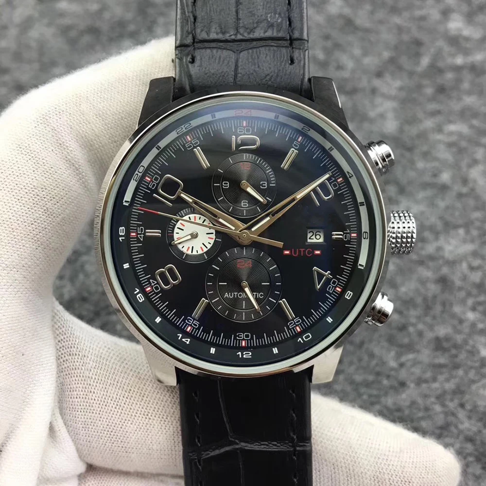 

High-Top Mens Mechanical Automatic Watch Stainless Steel Black Leather Luminous Calendar Sapphire