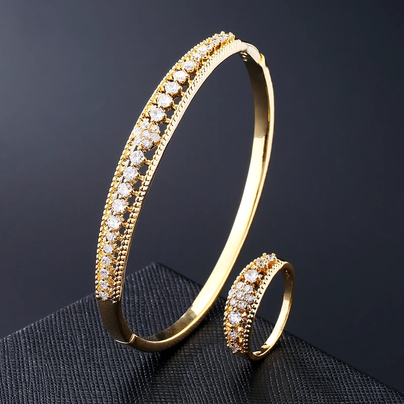 

RAKOL Exclusive Dubai Gold Plate Jewellery Luxury Cubic Zirconia Bracelet Adjustable Ring Open Cuff Bangle Jewelry Set for Women