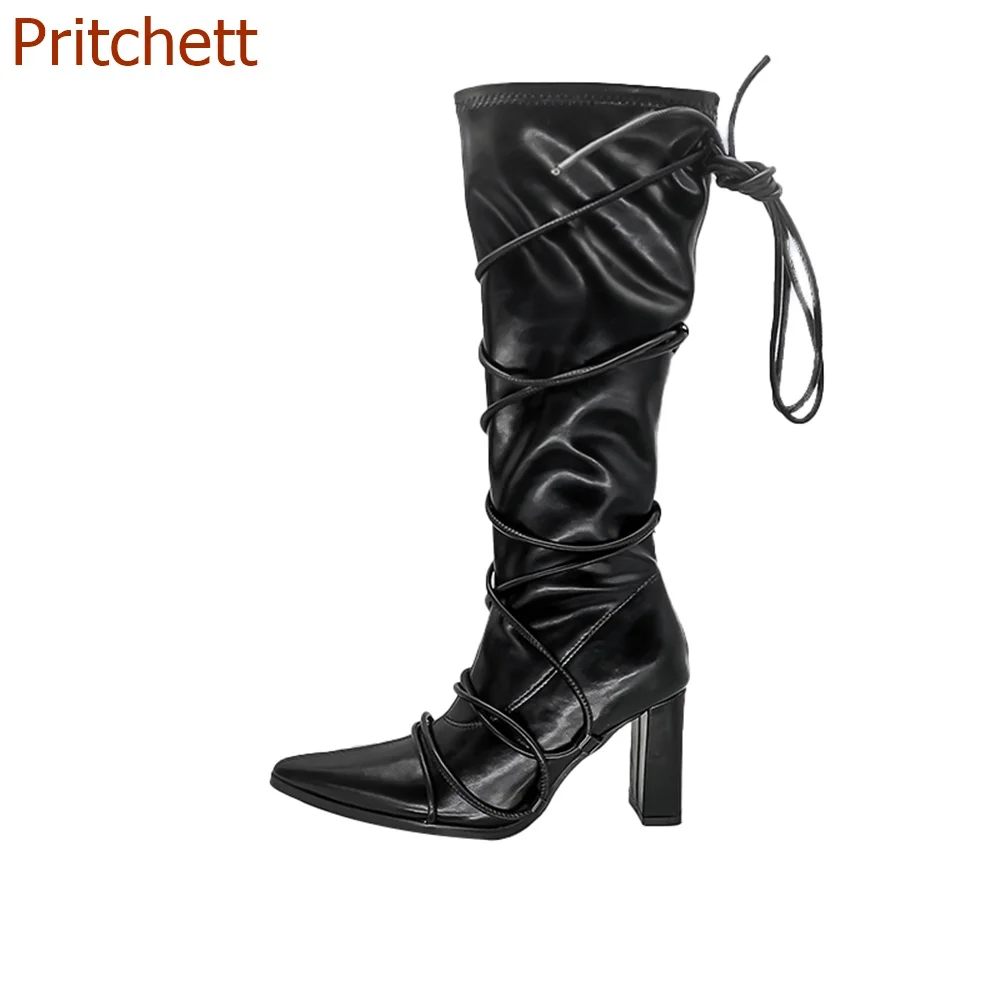 

Pointed Toe Sqaure Toe Women Boots Cross Tied Solid Knee High Slip On Niche Design Fashion Sexy Party Comfortable Women Shoes