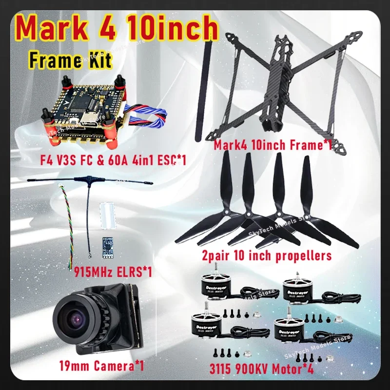 Фото Комплект рамы Mark4 V2 10 дюймов для FPV-дронов и полетный контроллер F405 V3S, регулятор скорости 60A 4-в-1, мотор 3115 900KV, пропеллер и ELRS для RC FPV фристайл-гонок №1