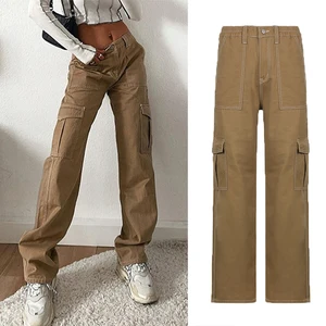 Women Y2K Cargo Pants Khaki Loose Streetwear Vintage Low Waist Casual Straight Trousers Sexy Retro L