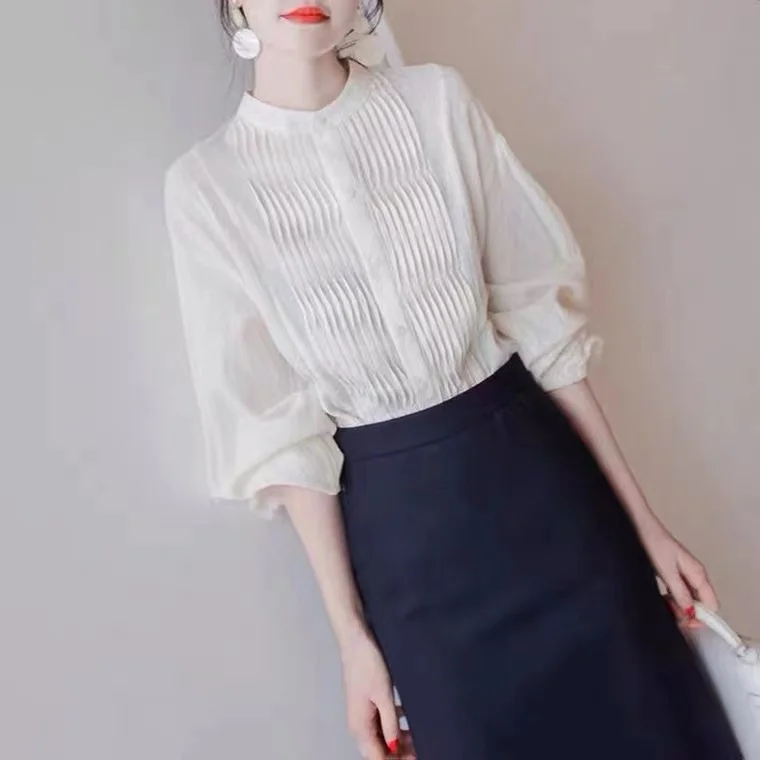 

COIGARSAM Shirt Womens Tops Spring 2022 New French Style Vintage Chiffon Lantern Sleeve Women Shirts Dropshipping