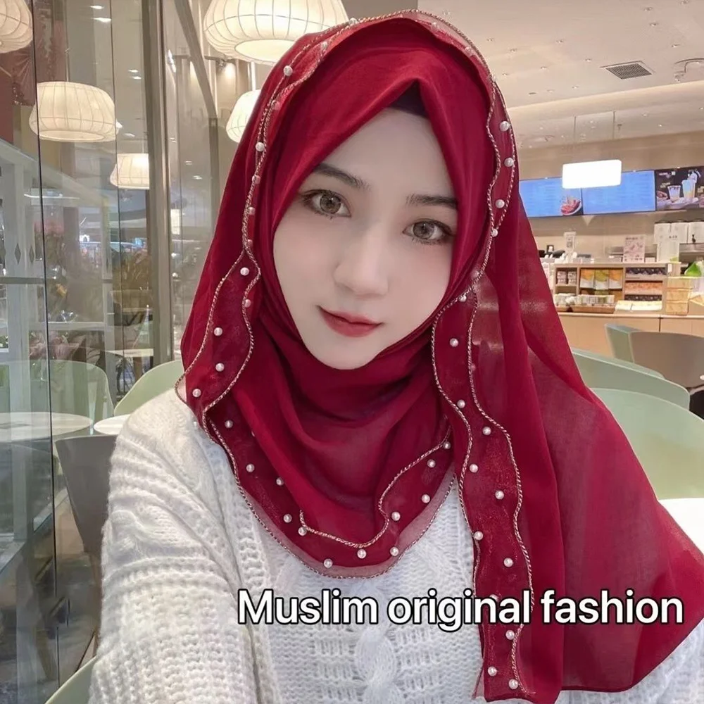 

Shawls Chiffon Muslim Fashion Sequin Turban Pearl Streamer Hijabs Wrapped Headscarf Scarf Bubble Solid Color 170x70CM
