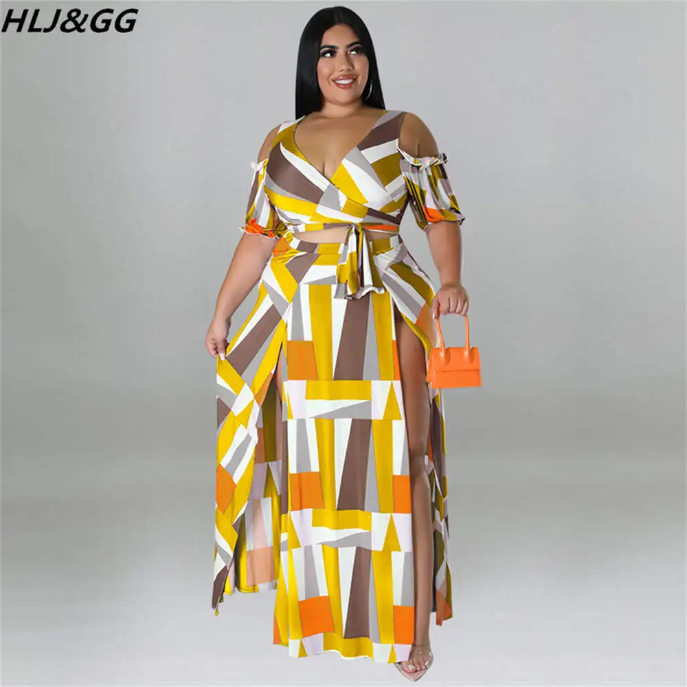 HLJ&GG Fashion Geometric Print Two Piece Sets Women Deep V Off Shoulder Crop Top+Long Skirts Outfits Plus Size Female 2pcs Suits