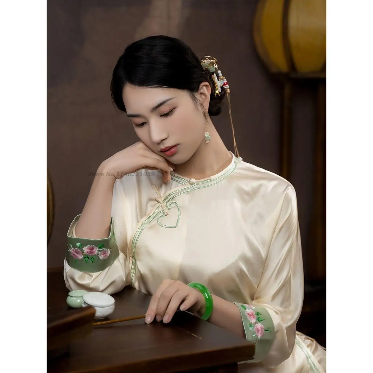 2022 traditional chinese pajamas women lace ice silk set smooth sweet girl home clothes shirt &pant sleepwear vintage sleepwear