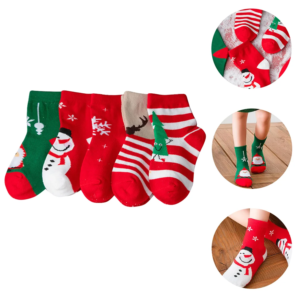 

5 Pairs Children's Christmas Socks Thermal Kids Tubes Running Warm Mid-calf Combed Cotton Fall