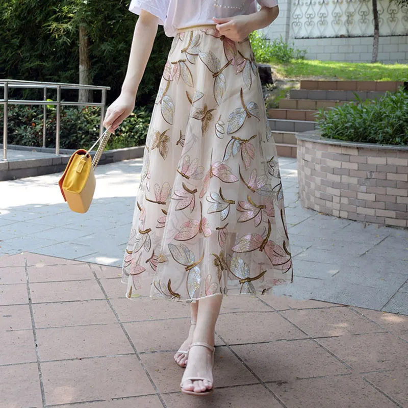 

Embroidery Long Skirt Women's Spring and Summer Fashion Streetwear Slim High Waist Pleated Sweet Midi Tulle Skirts Female