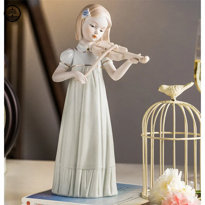 

Girl Victorian Violin Statue Western Character Beauty Figurines Ceramic Craft Wedding Gift Creative Home Decoration Ornament Art