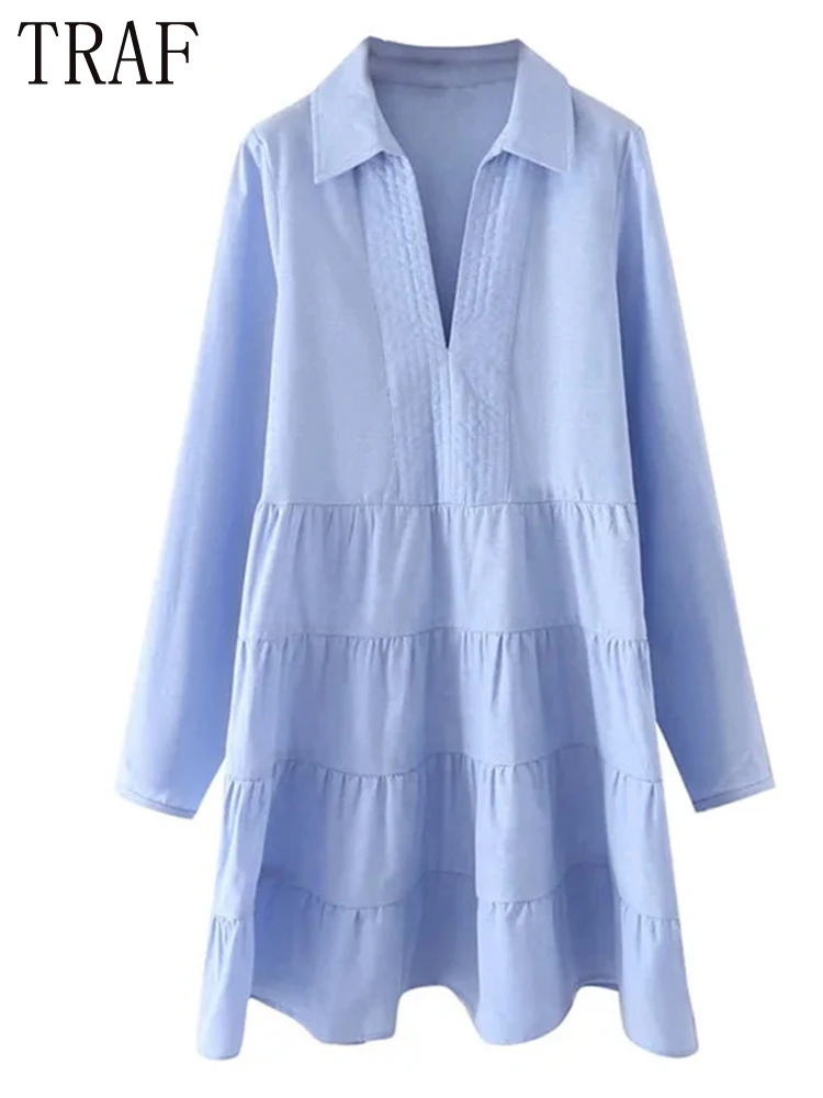 

TRAF Zar 2022 Blue Mini Dress Woman Long Sleeve Short Dresses Women Panelled Oxford Ruffle Dress Spring Collared Casual Dresses