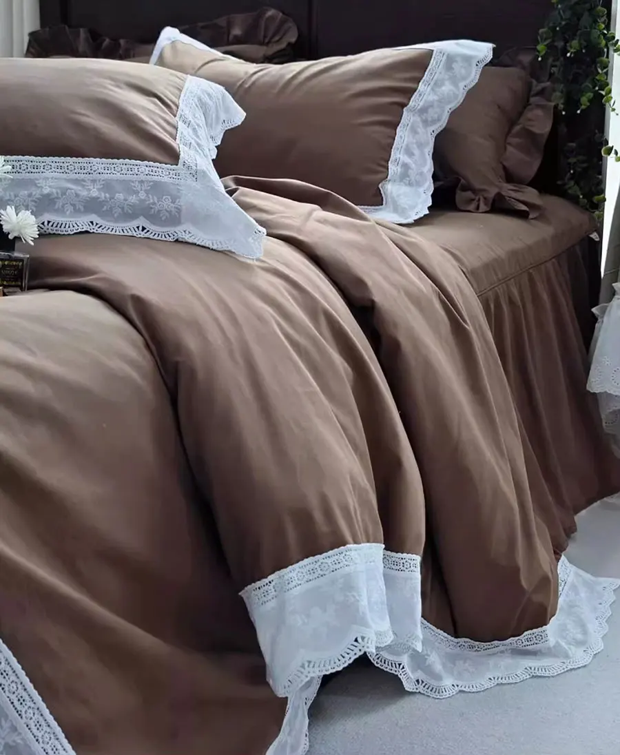 Элегантный однотонный коричневый кофейный комплект постельного белья полный