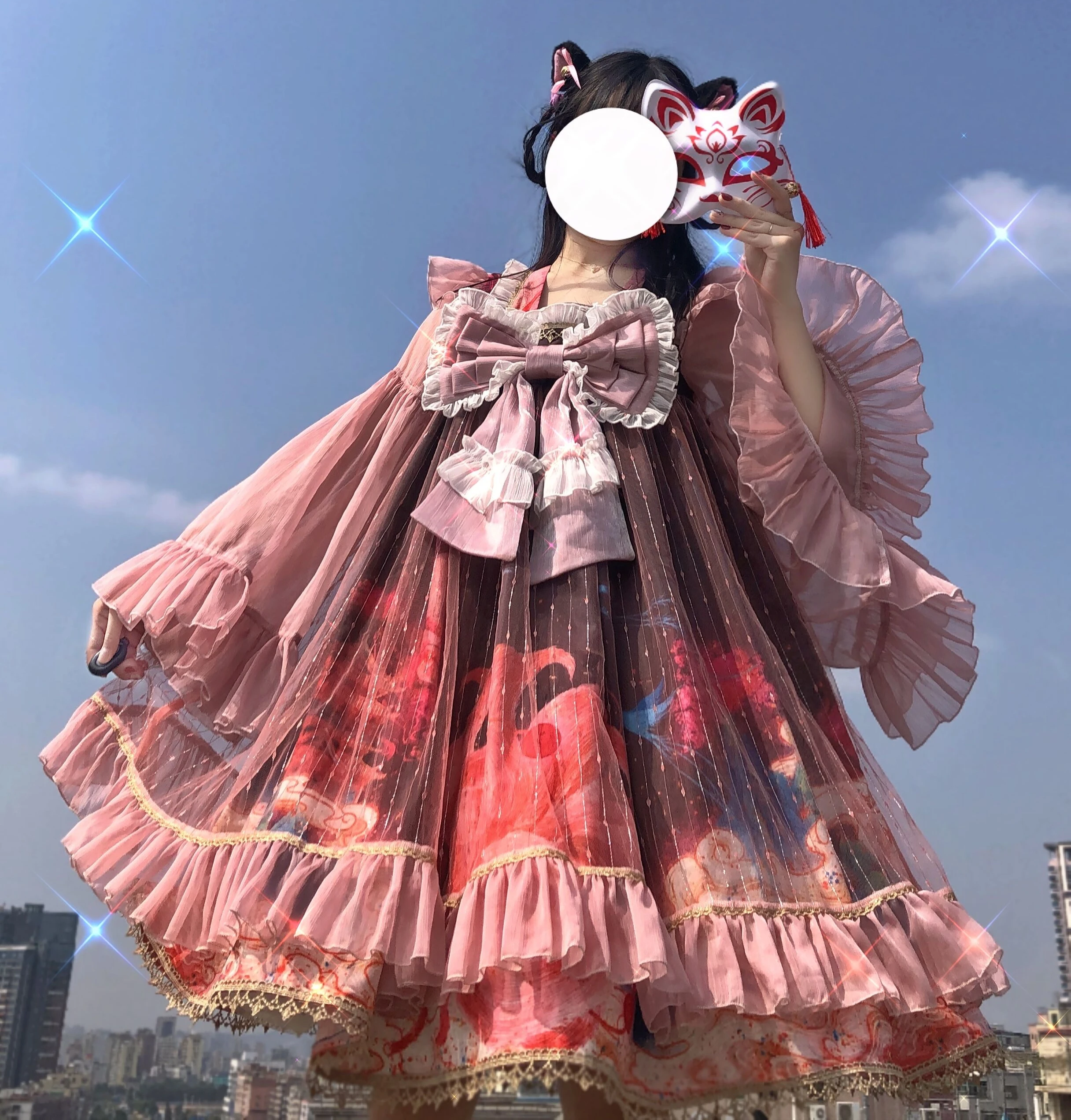 

Chinese Ruqun Style Sparkling Fox Original Design Women's Lolita Long Flare Sleeve OP Dress Cute Girl One Piece