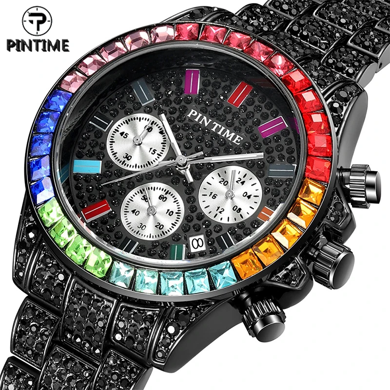 

PINTIME Quartz Watch Men Luxury Full Diamond Hip Hop Gold Black Iced Out Watches Man Wrist Watch Clock Male zegarek meski montre
