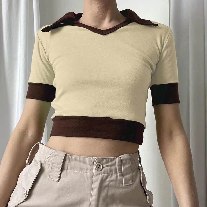 

2022 New Patchwork Crop Top Y2k Turn Down Collar T Shirt Short Sleeve Retro Harajuku Tee Women Basic Casual Outfits 90s Clothes