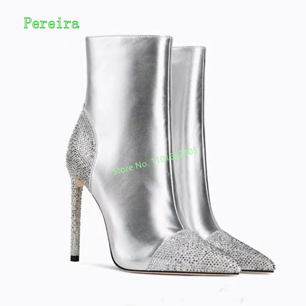 

Silver Rhinestone Booties 2022 Women's New Arrival Soild Pointy Toe Super Thin High Heel Sexy Fashion Elegant Party Shoes