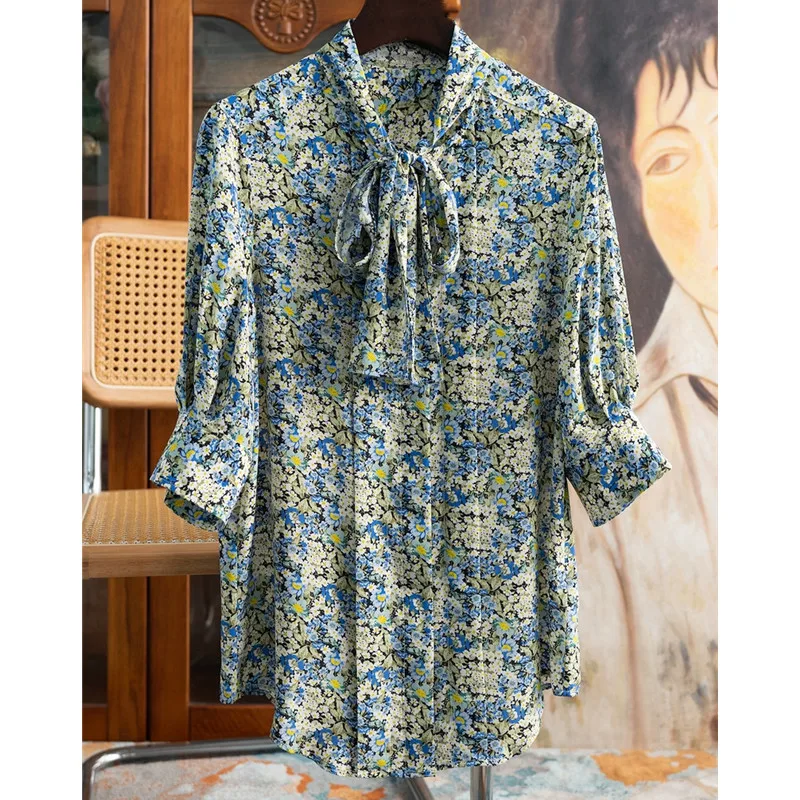 

Imitation Silk Floral Streamer Top Women Shirt Half Sleeve Blouse High Quality
