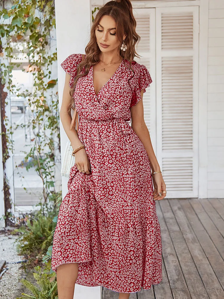 

Women Floral Summer Dress V Neck Short Sleeve Long Boho Beach Sundress Liades Belted Ruffle Hem A-Line Bohemian Maxi Vestido