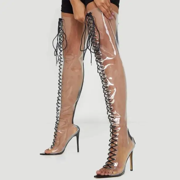 

Woman Black White Transparent PVC Pointed Peep Toe Thigh High Boots Female Cross Tied Lace Up Front Over The Knee Boots Shoes