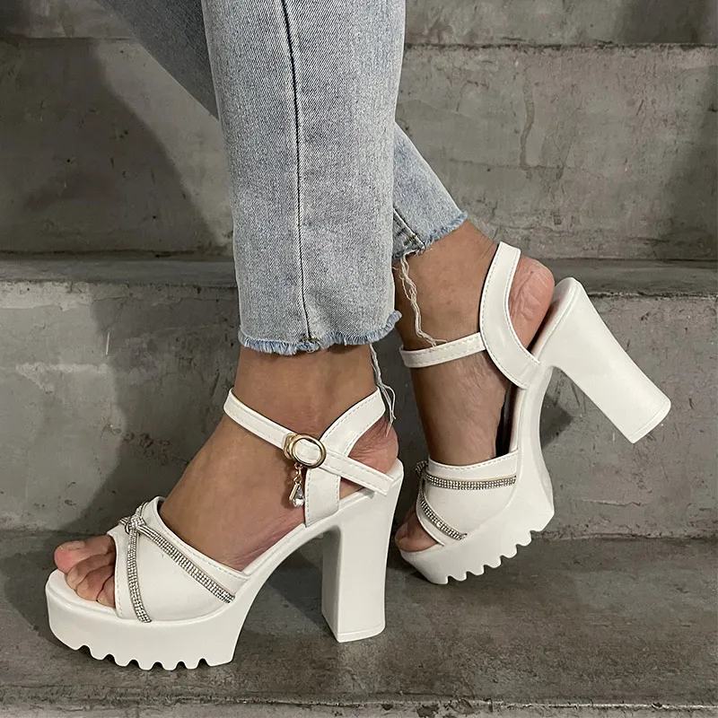 

New Rhinestones Fashion Platform Women's Sandals Female Thick Botttom Block High Heels Shoes Ladies Open Toe Ankle Strap Sandal