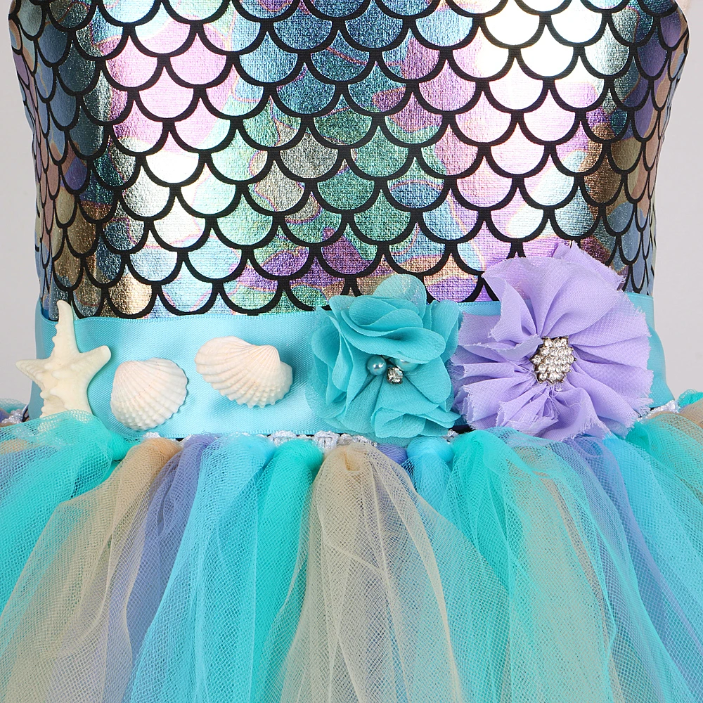 Turquoise Mermaid Birthday Costumes for Girls Ocean Seamaid Disney Tutu Dress Kids Halloween Party Outfit with Flowers Belt Bow images - 6