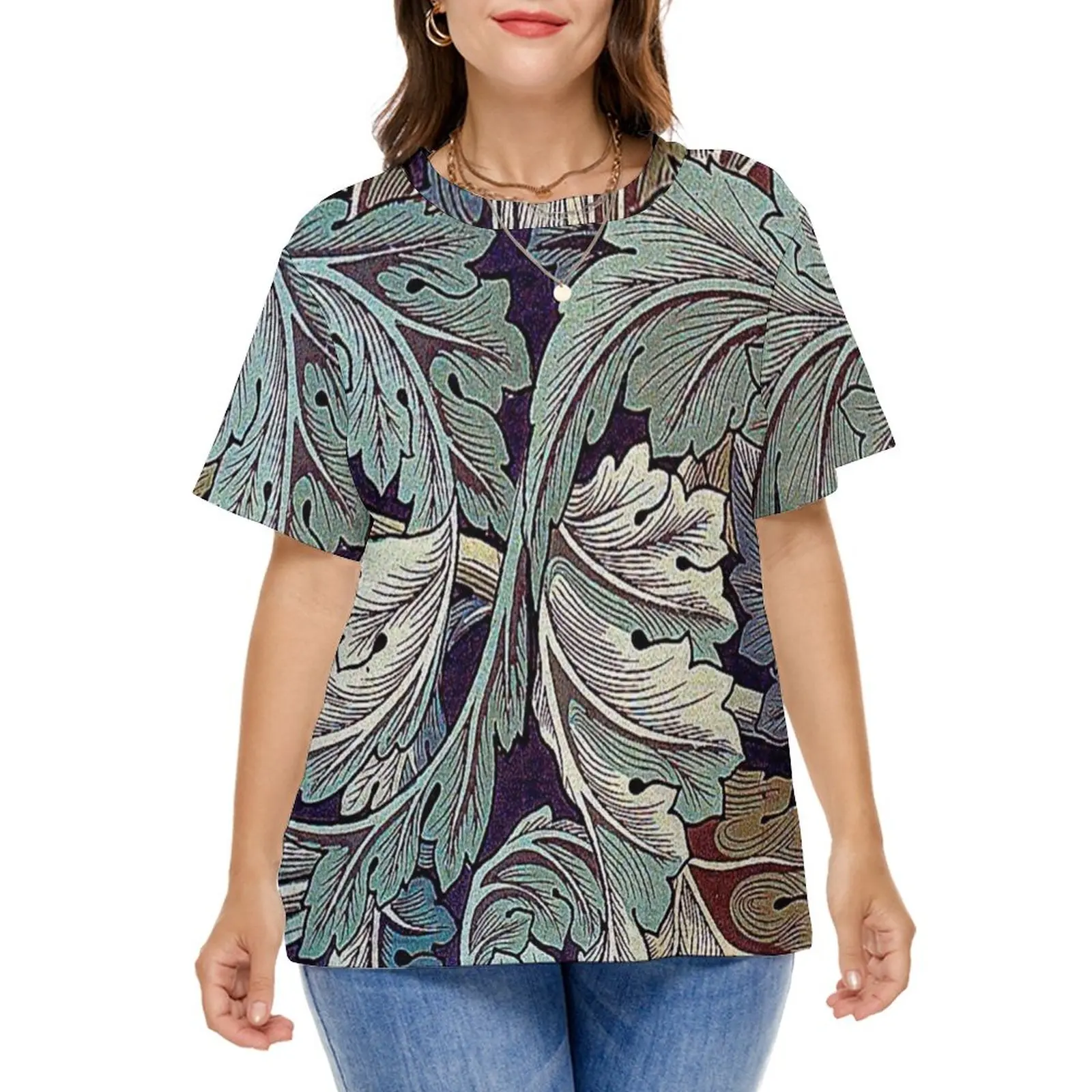 Abstract Leaf T Shirts Acanthus Print Streetwear T-Shirt Short-Sleeve Women Vintage Tee Shirt Pattern Tops Plus Size 7XL 8XL