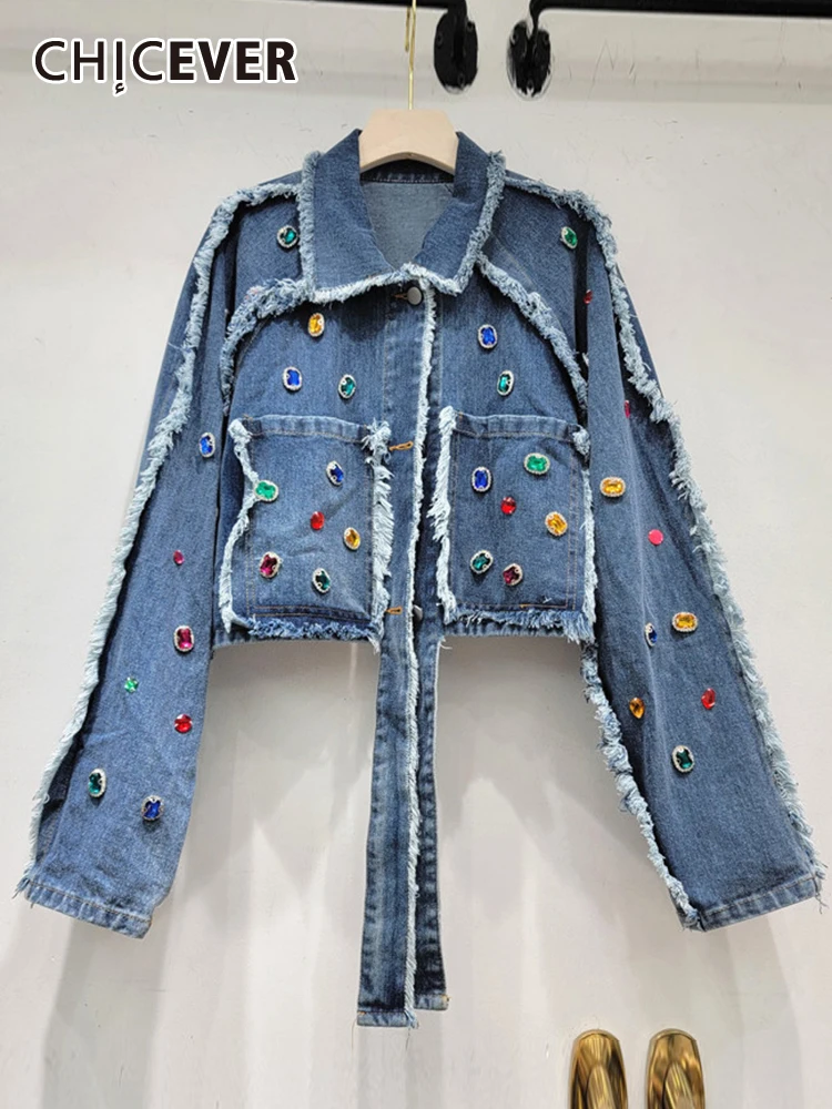 

CHICEVER Patchwork Embroidered Flares Jeans For Women Lapel Long Sleeve Single Breasted Spliced Raw Hem Denim Coat Female New