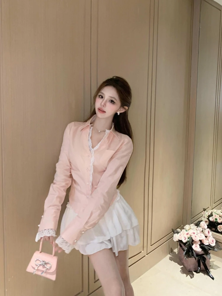 Lace Casual Shirts Women Autumn French sle Long sleeve Tight Waist Shirt Design Sense Slim fit Hugging Top |