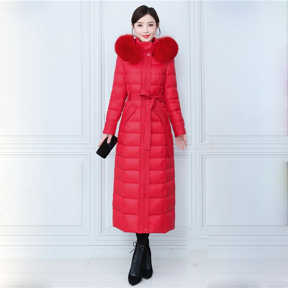 New Women Winter Down Coat Fashion Real Fox Fur Collar Detachable Hooded Lengthened Belt Down Jacket Thicken Warm Overcoat