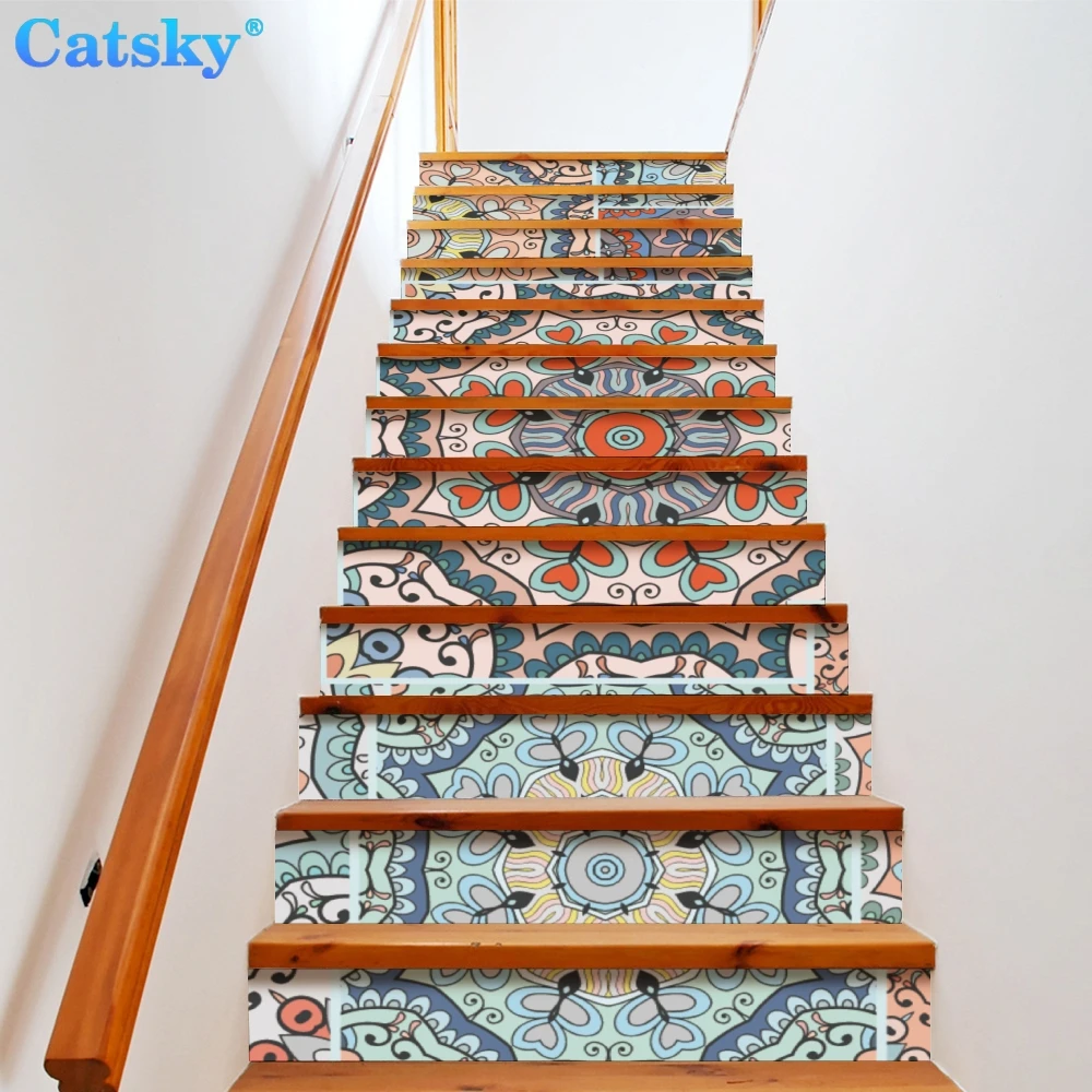 

Ethnic Style Printstyle,Mandala,6pcs 13pcs/Set Stair Floor Stickers Waterproof Removable Self Adhesive Diy Stairway Decals