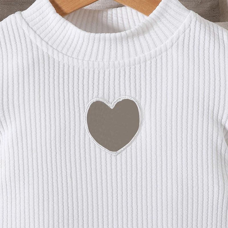 

Kids Girl Fall Outfits Heart Cutout Crew Neck Long Sleeve Tops and Pearl Button Plaid Skirts 2Pcs Clothes Set
