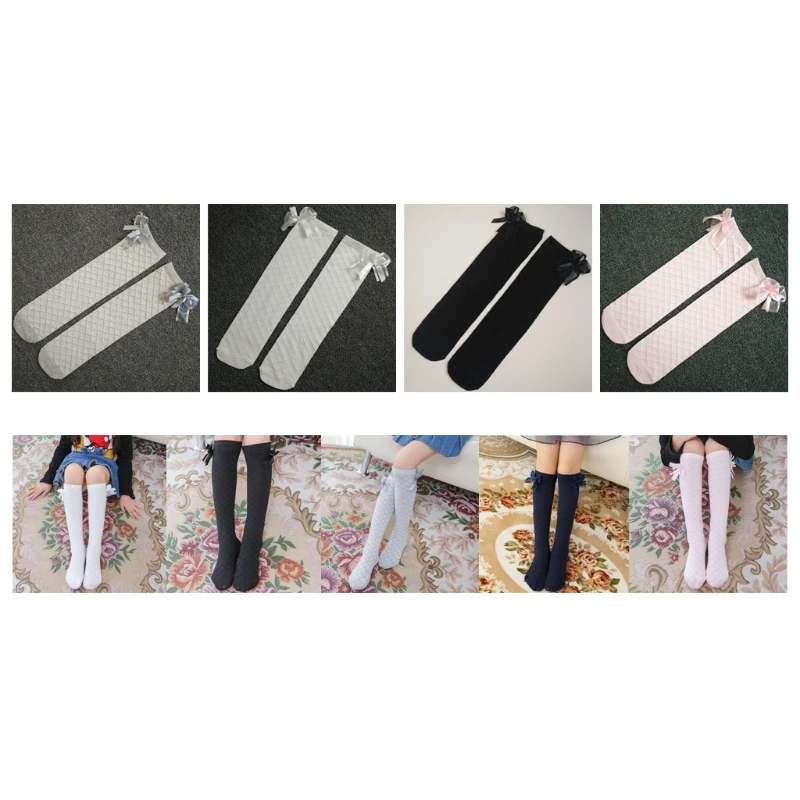 

Cute Warm Rhombus Bow tie Knee High Long Socks Stockings For Little Student Girl