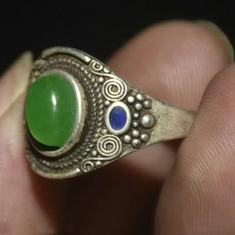1&quot Old Chinese Silver Inlay Green Jade Dynasty Palace Jewelry Finger Ring | Statues &amp Sculptures