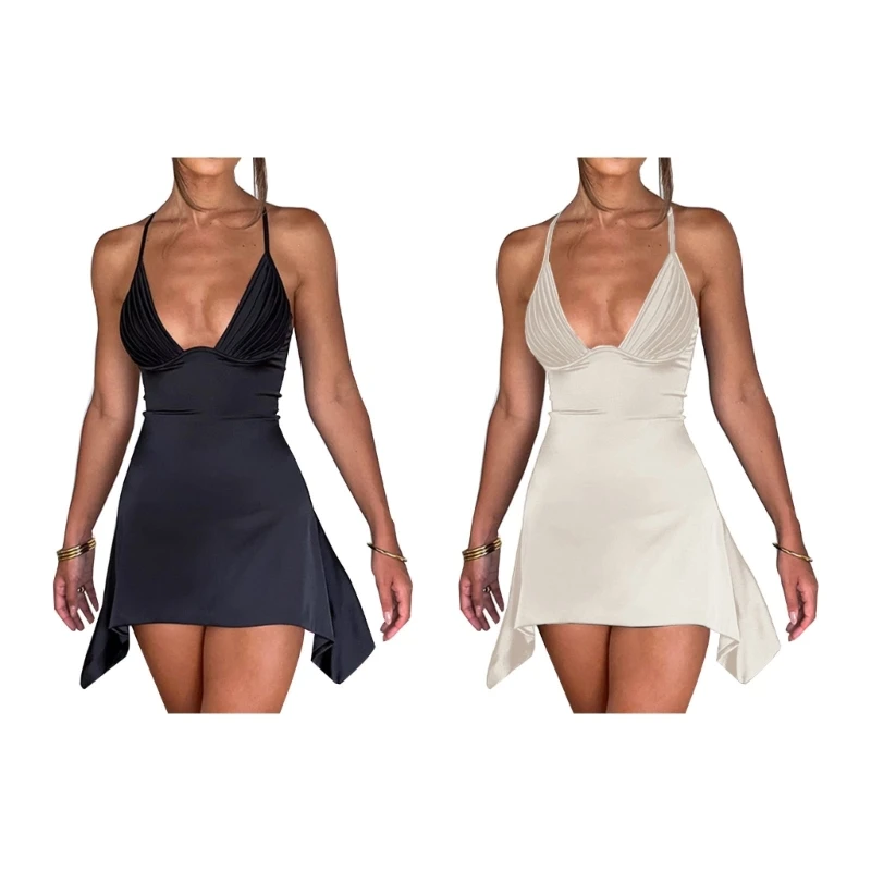 

Women Satin Sexy Halter Deep V-Neck Sleeveless Bodycon Mini Dress Backless A-Line Asymmetrical Hem Cocktail Party Dress Y1QD