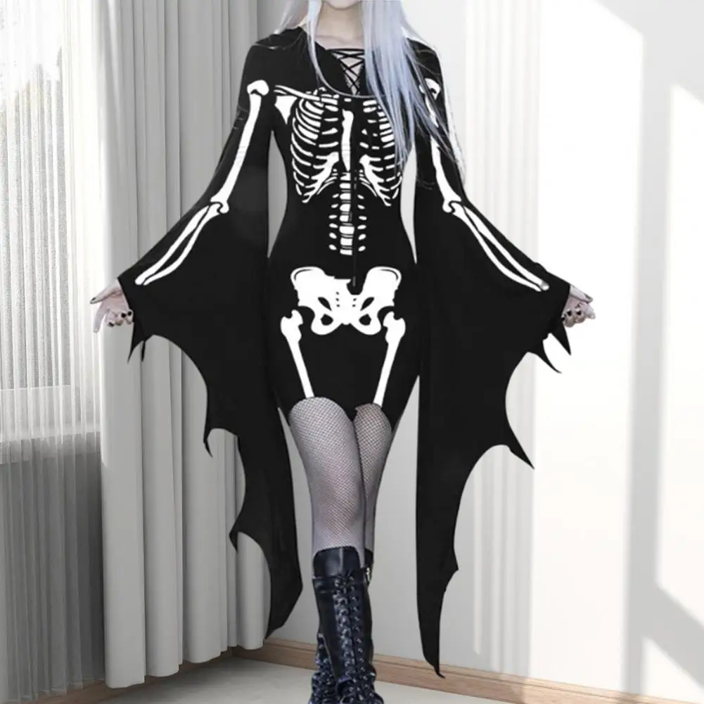 

Платье для Хэллоуина, длинное платье в темном стиле с рукавом «летучая мышь», с принтом скелета, с неровными манжетами, на шнуровке, костюм-футляр, платье для женщин