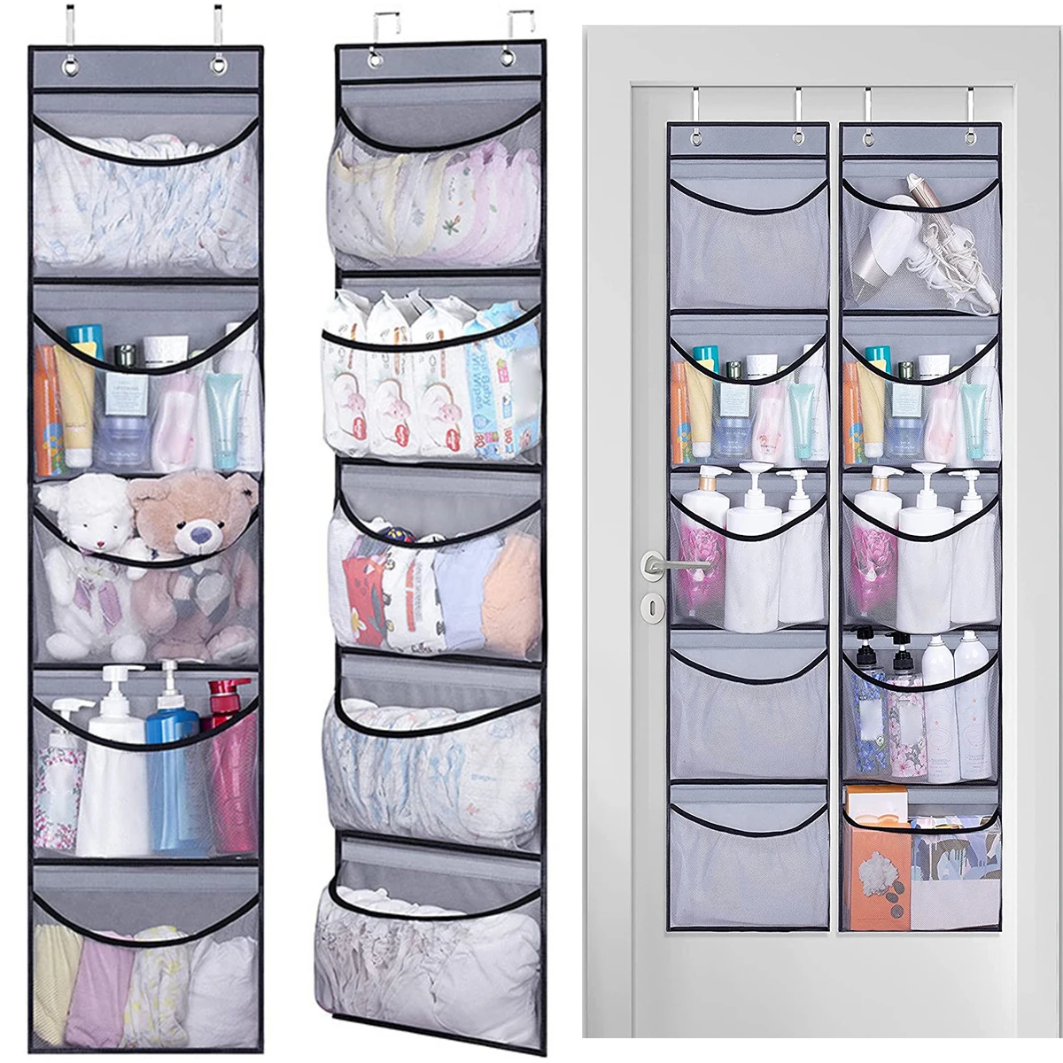 

2Pcs Storage Bags with Metal Hooks Multi-Purpose Door Storage Organizer Hanging Net Stretchy Multifunctional Elastic Mesh Pocket