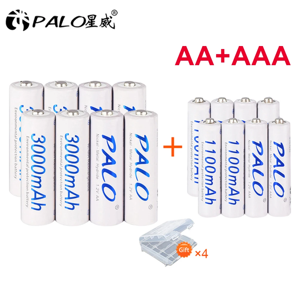 

PALO 1.2V 3000mAh AA Rechargeable Battery+ 1.2V 1100mAh AAA Battery NI-MH NIMH AA AAA Batteries for Camera Toy + Battery Case