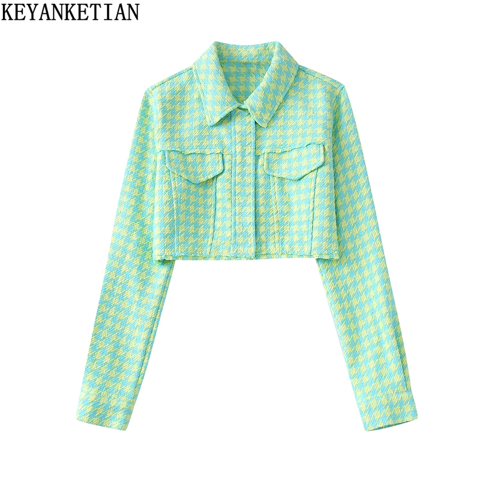 

KEYANKETIAN Ladies' new blue and green houndstooth woven woolen woven small fragrant style short coat lapel top