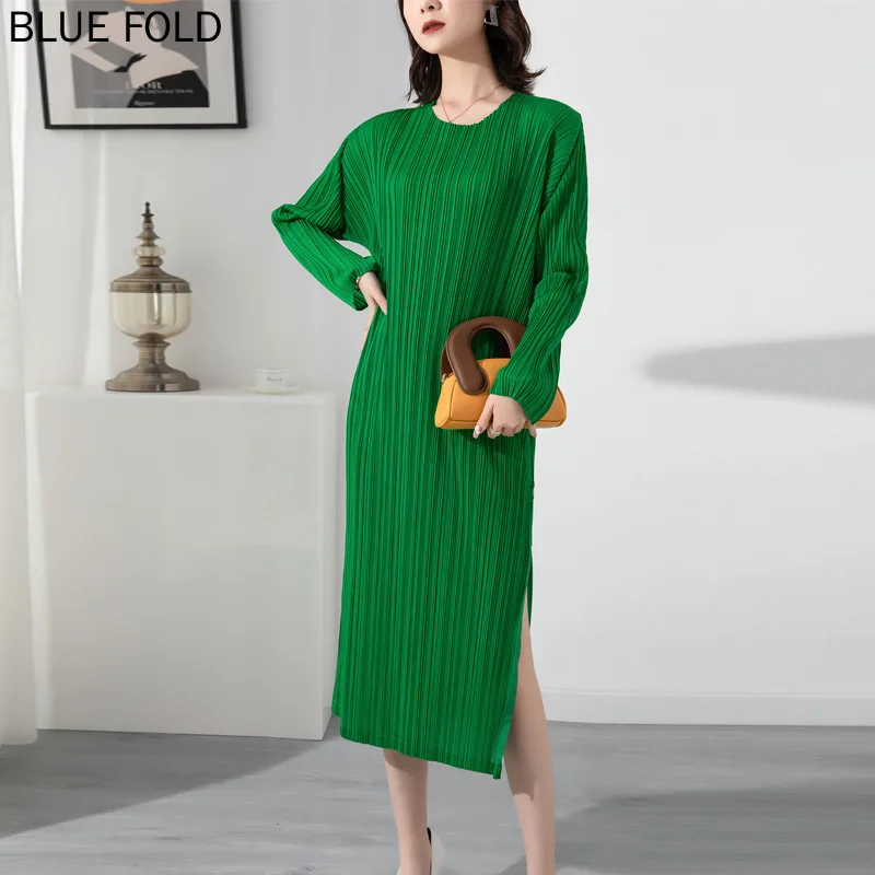 

Miyake Pleated Dress 2022 Spring and Summer New Round Neck Loose Large Size Side Fork Zipper Midi Dresses PLEATS Vestidos Robe