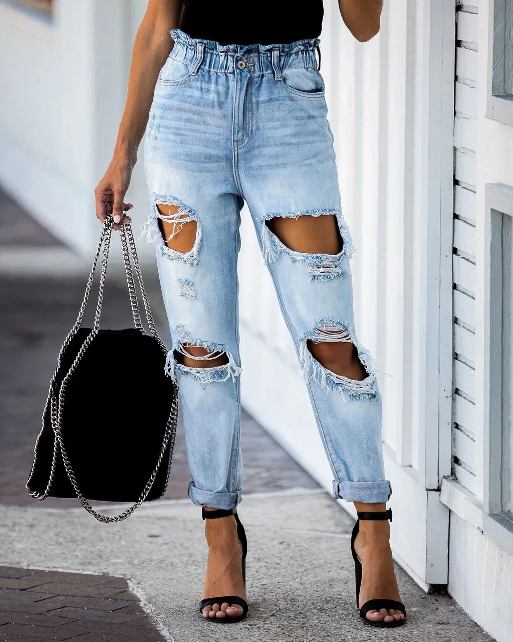 

Autumn casual wash hole light color denim trousers female