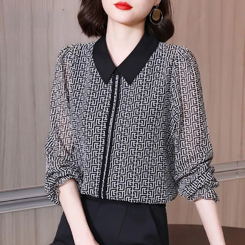 Spring New Temperament Check Chiffon Shirt Ladies Korean Fashion Printed Blouse All-match Elegant Vintage Female Clothes Top