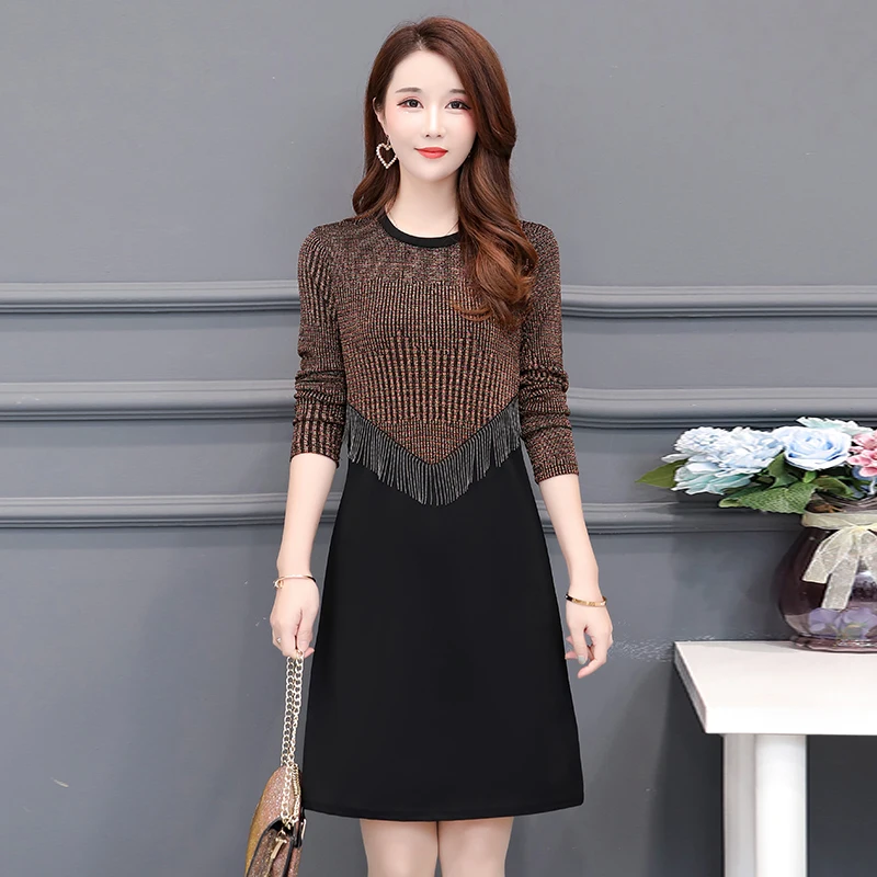 

Autumn Winter Sweater Knited Dress Women Midi Robe Vintage Long Sleeve Shiny Sequined Tassel Party Dress Loose Casual Vestidos