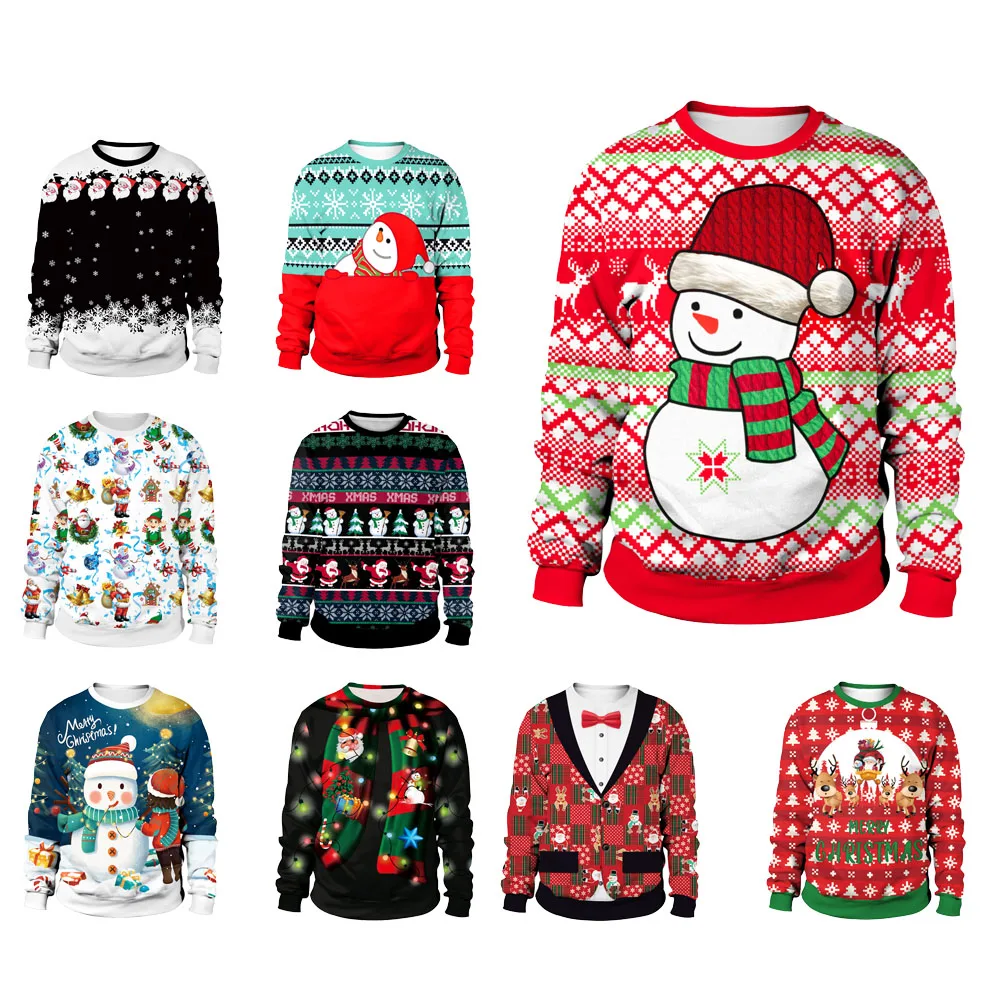 

New Men Ugly Christmas Sweater 3D Funny Snowman Reindeer Crew Neck Christmas Jumpers Pullovers Couples Holiday Party Sweatshirts