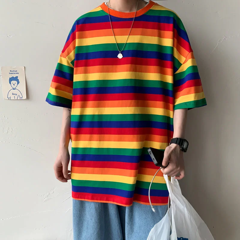 

Summer Cotton Colorful Striped T-shirt Men Fashion Casual O-neck T-shirt Men Korean Loose Short-sleeved T Shirt Mens Top S-3XL
