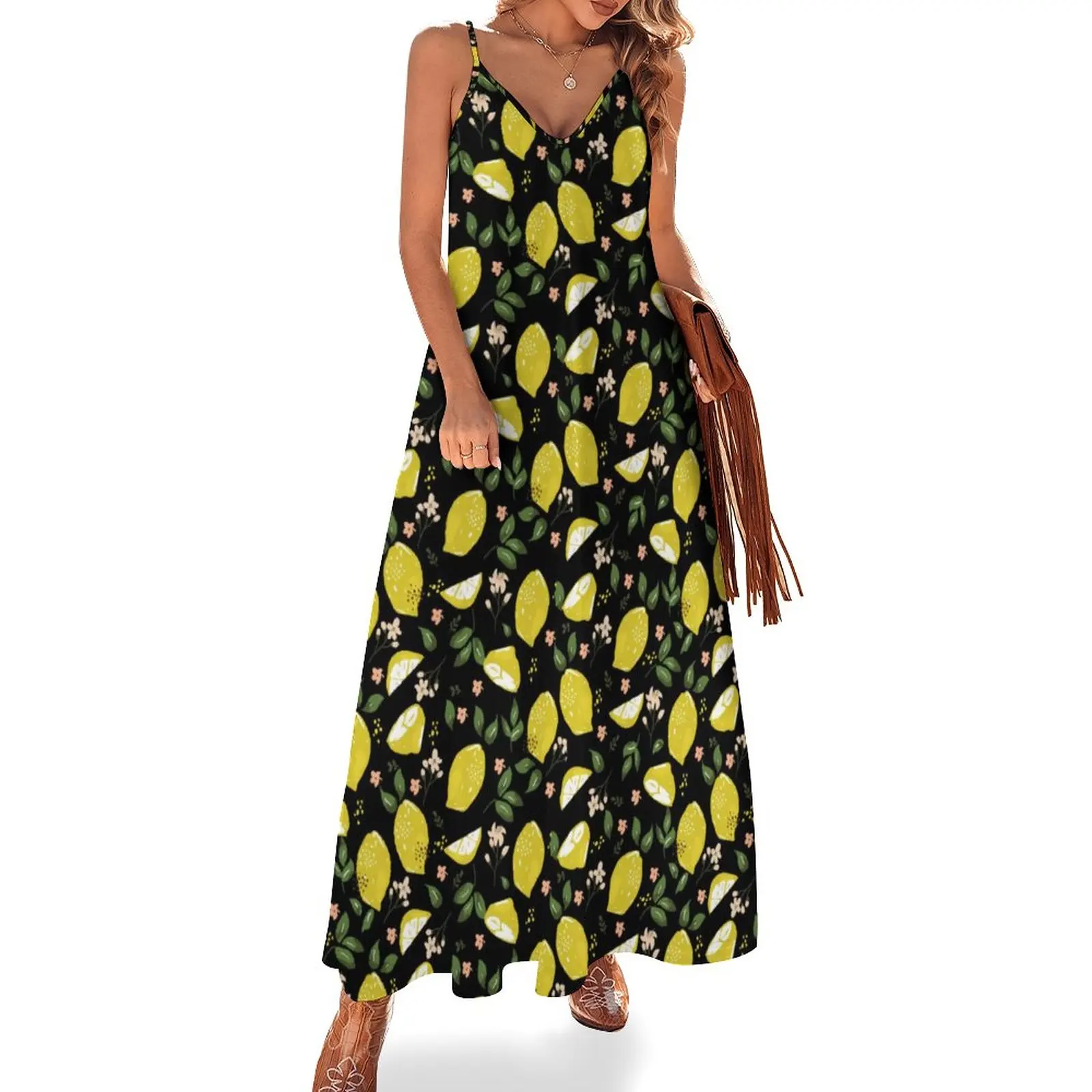 Bright Fruit Print Dress Floral And Lemon Elegant Maxi Dress Street Style Boho Beach Long Dresses Straps Custom Large Size 4XL