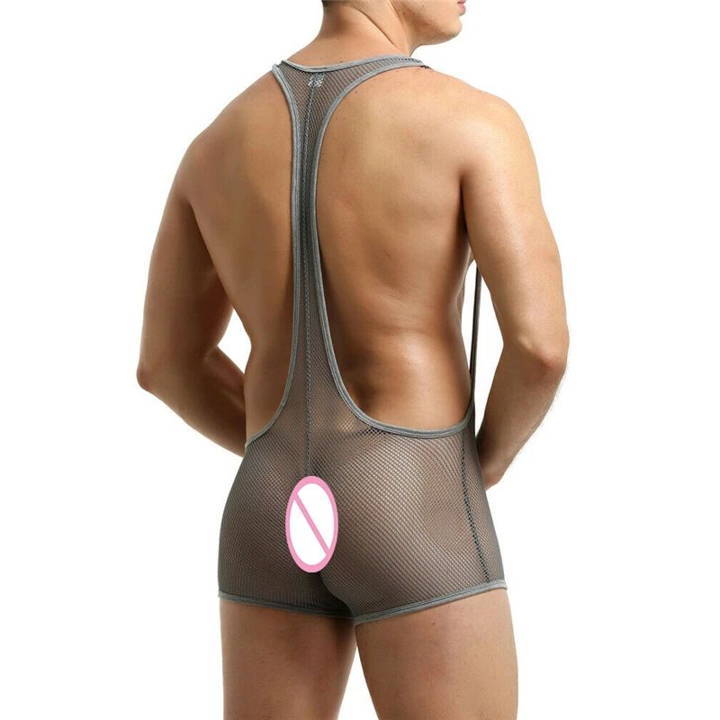 FYXLJJ Sexy Mesh Mens Undershirts See Through Bodysuit Lingerie Transparent Jumpsuit Leotard Fitness Wrestling Singlet Bodysuits
