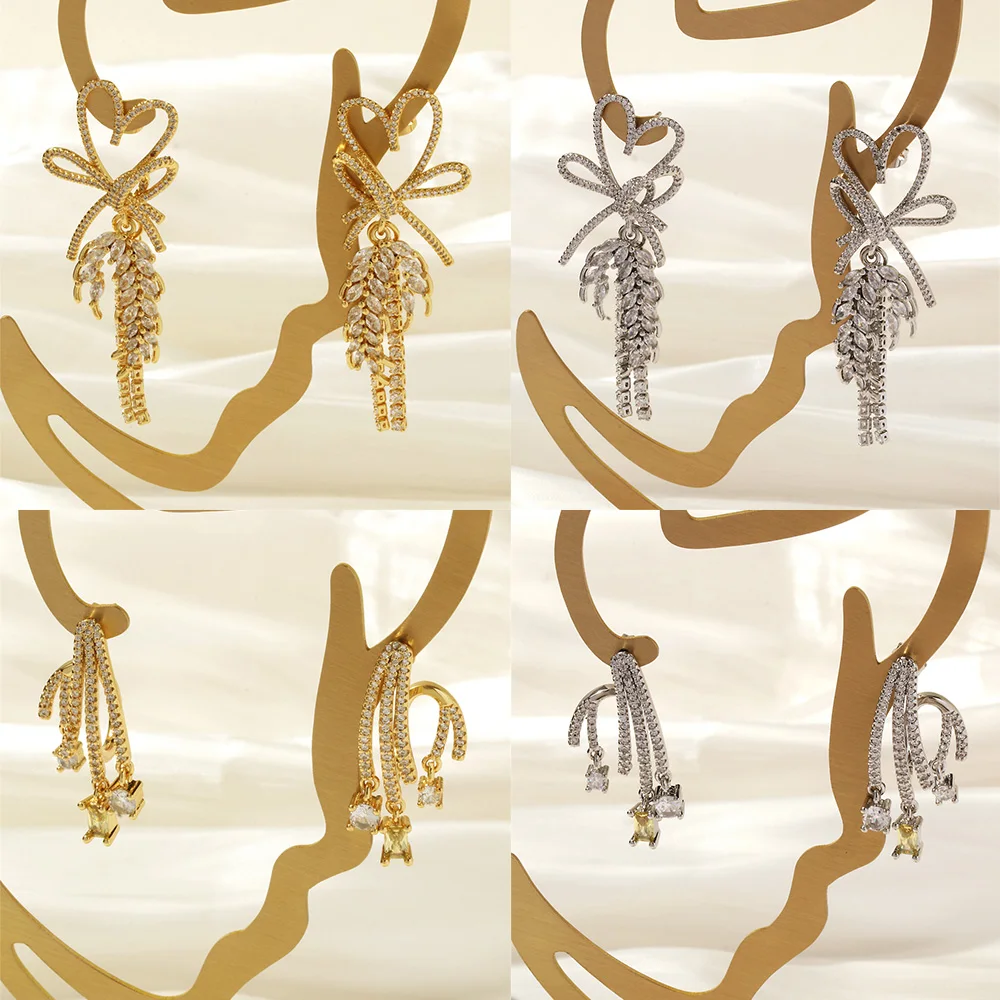 

Korean New Fashion Bow Tie Tassel Metal Dangle Earrings Jewelry Copper Inlaid Zirconia Heart Elegant Earrings Women's Party Gift