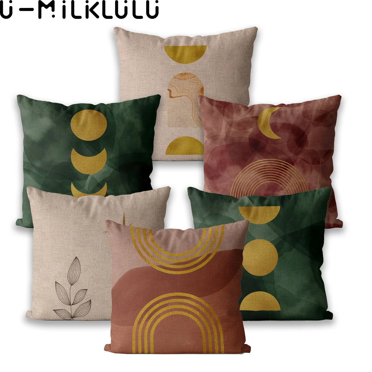 

Geometric Abstract Moon Sun Nordic Plant Green Pink Pillow Cover 45*45 40X40 Farmhouse Chair Linen Cushion Cover for Living Roon